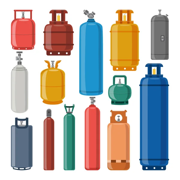 Különböző színű gázpalackok készlete és alakja egy elkülönített vektor illusztráció — Stock Vector