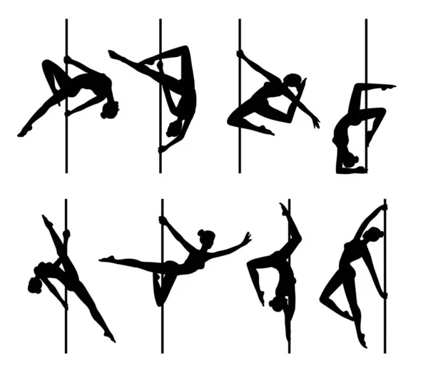 Sexy pole dancer female black silhouettes set vector illustration isolated. — Stock Vector