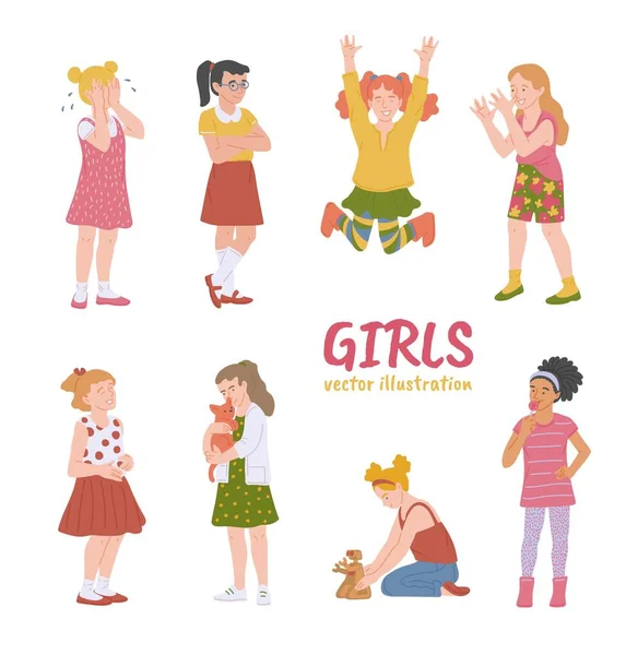 Uppsättning små flickor med olika känslor platt vektor illustration isolerad. — Stock vektor