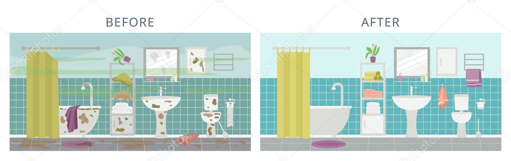 Clean and dirty modern bathroom interior a flat vector illustration