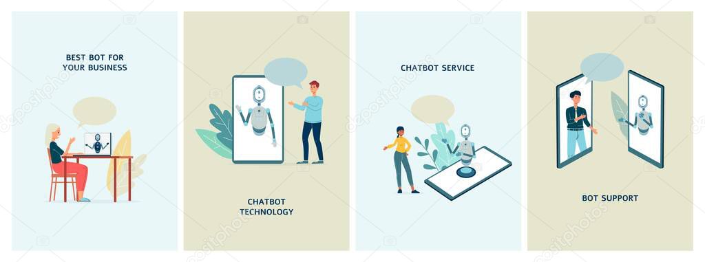 Set banners for app or site with chatbot assistance, flat vector illustration.