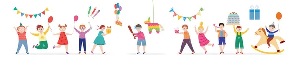 Banner con niños en fiesta de cumpleaños de celebración una ilustración plana vector de dibujos animados — Vector de stock