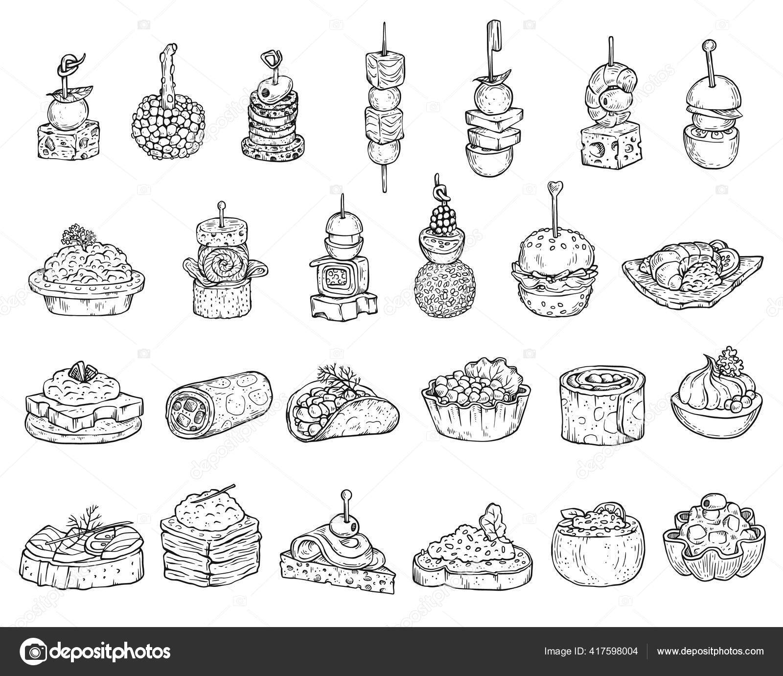 Set of appetizers or canape in line style, cartoon vector illustration