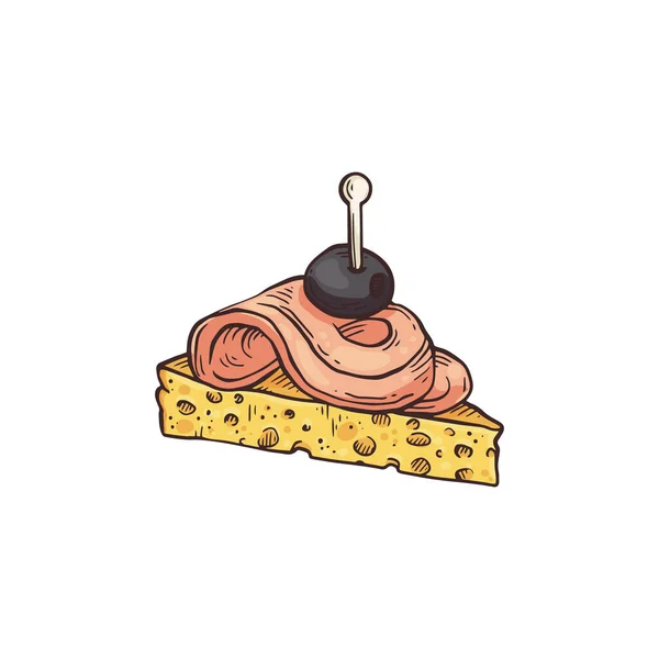 Canape snack van brood met ham op spies schets vector illustratie geïsoleerd. — Stockvector