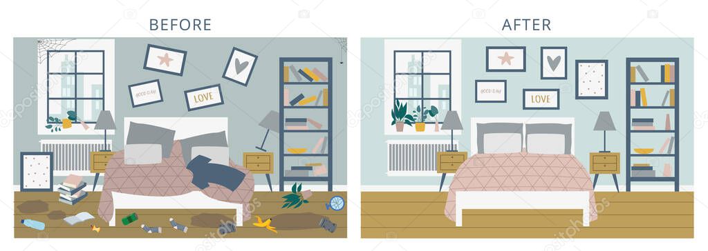 Before versus after bedroom comparison, flat cartoon vector illustration