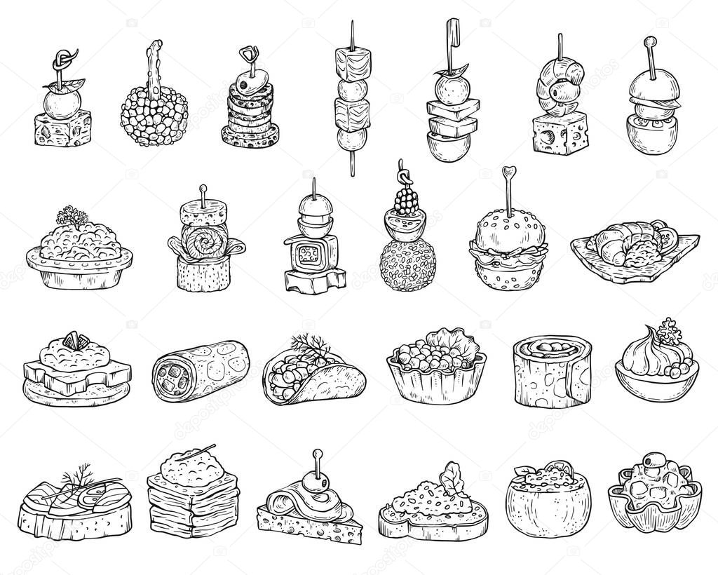 Set of appetizers or canape in line style, cartoon vector illustration isolated.