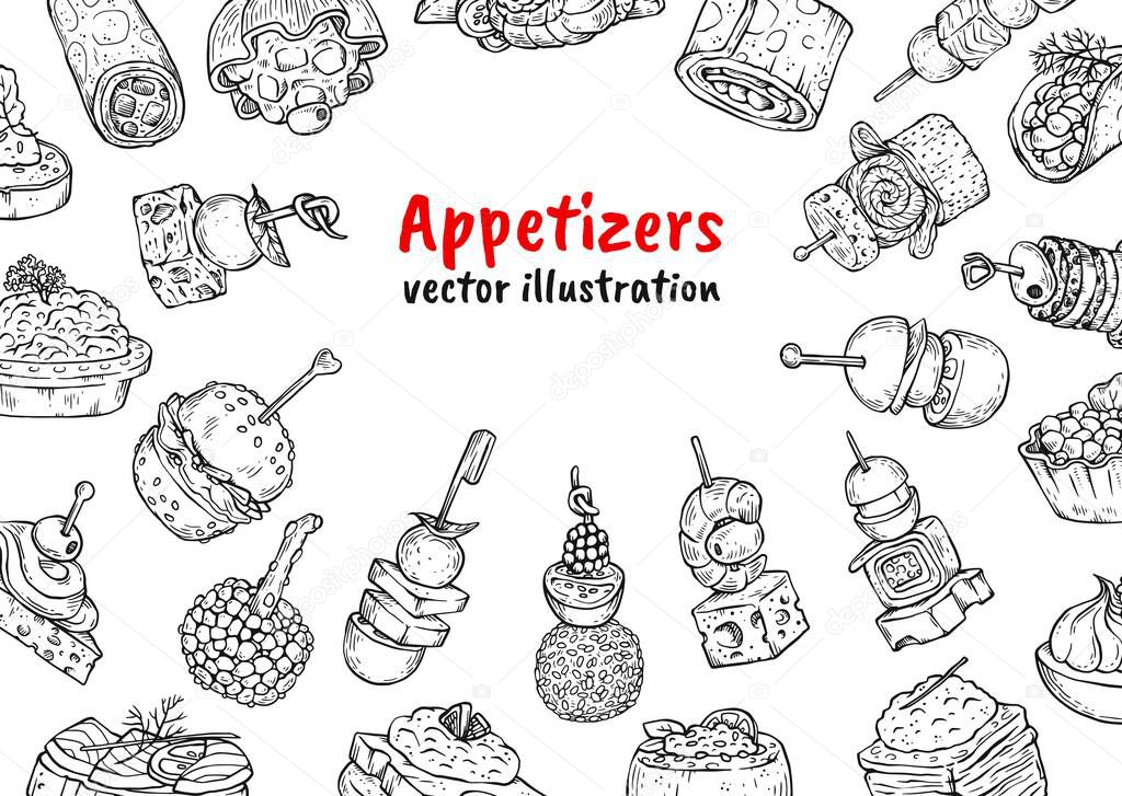 Appetizer food poster background - black and white drawing set