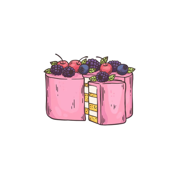 Delicioso pastel dulce con bayas frescas un vector ilustración boceto aislado — Archivo Imágenes Vectoriales