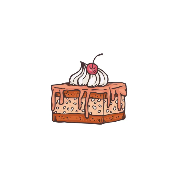 Rebanada de pastel de chocolate con crema batida y cobertura de cereza — Vector de stock