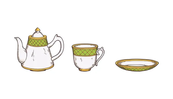 Utensílios de chá e louças conjunto com bule desenho vetor ilustração isolado. — Vetor de Stock