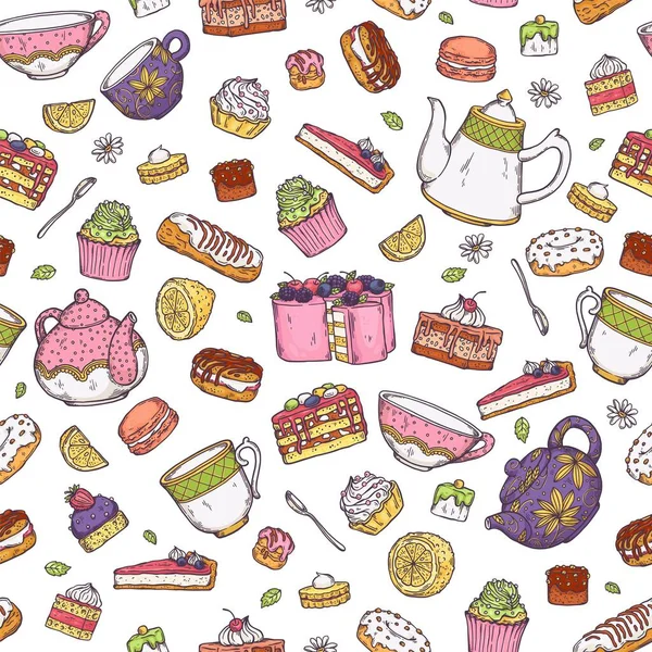 Seamless pattern with cakes and tea pots, sketch cartoon vector illustration. — Stock Vector