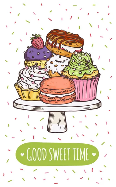 Όμορφη χειροποίητη κάρτα με κέικ για τσάι ή καφέ μια διανυσματική απεικόνιση — Διανυσματικό Αρχείο