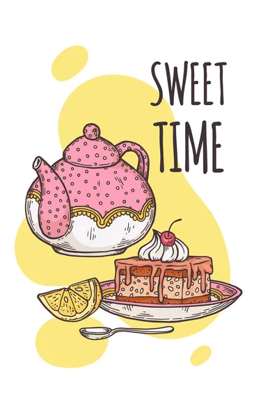 Sweet time pití čaj plakát, plochý kreslený vektor ilustrace izolované — Stockový vektor