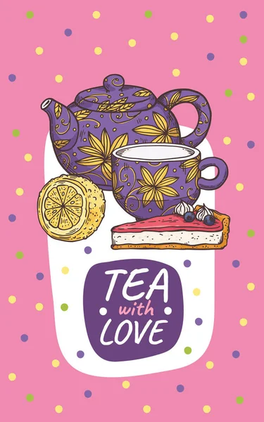 Cartão de chá ou cartaz com bule e pedaço de desenho de bolo ilustração vetorial. — Vetor de Stock
