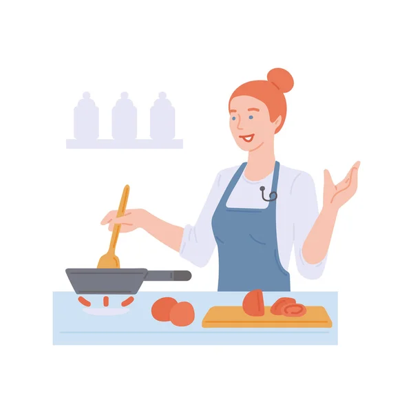 Woman cooking food in kitchen - cartoon cook in apron stirring ingredients — Stock Vector