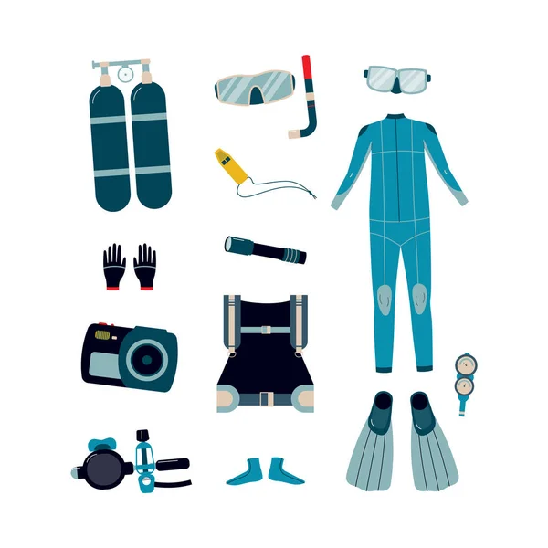 수중 스쿠버 다이빙 장비 세트 - 다이버 의상과 도구 수집 — 스톡 벡터