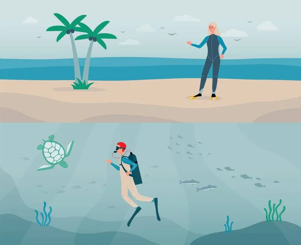 Ilustraciones planas vectoriales de buzo hombre con aqualung y mujer en un traje de buceo. — Vector de stock
