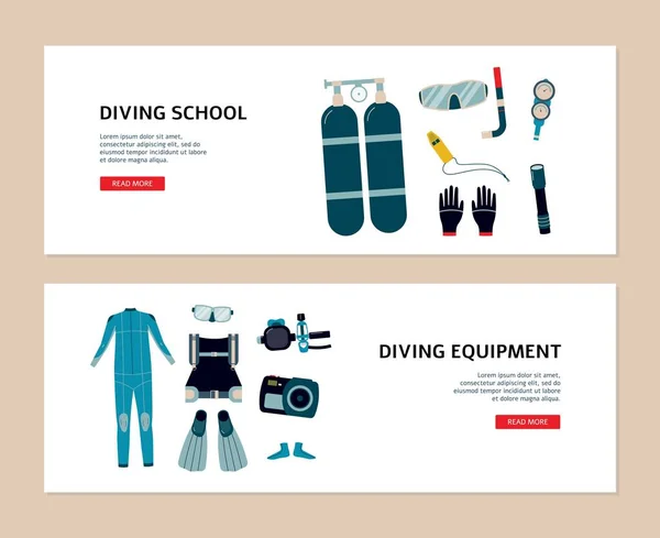 水肺潜水学校的一套传单和设备,平面矢量图解. — 图库矢量图片