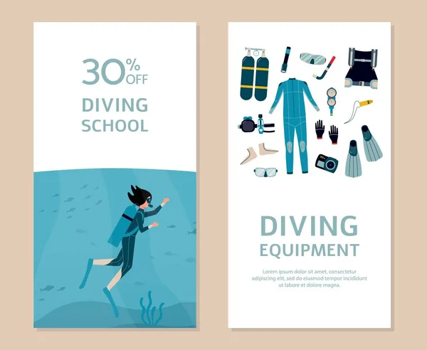 Vectorontwerp van kaarten voor duikschool met duikuitrusting — Stockvector