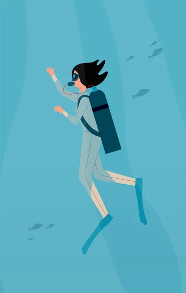 Buzo personaje mujer nadando bajo el agua con buceo, ilustración vector plano. — Vector de stock