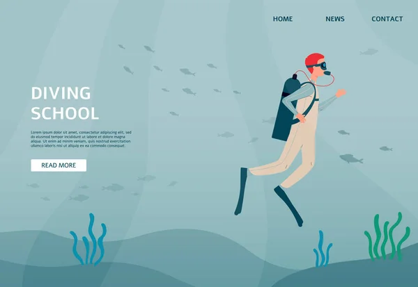 Page Web pour l'école de plongée avec plongeur sous-marin, illustration vectorielle plate. — Image vectorielle
