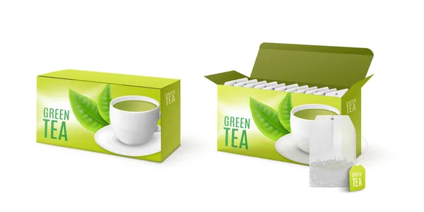 Paquetes de papel de té verde menta maqueta 3d, ilustración vectorial realista aislado — Vector de stock