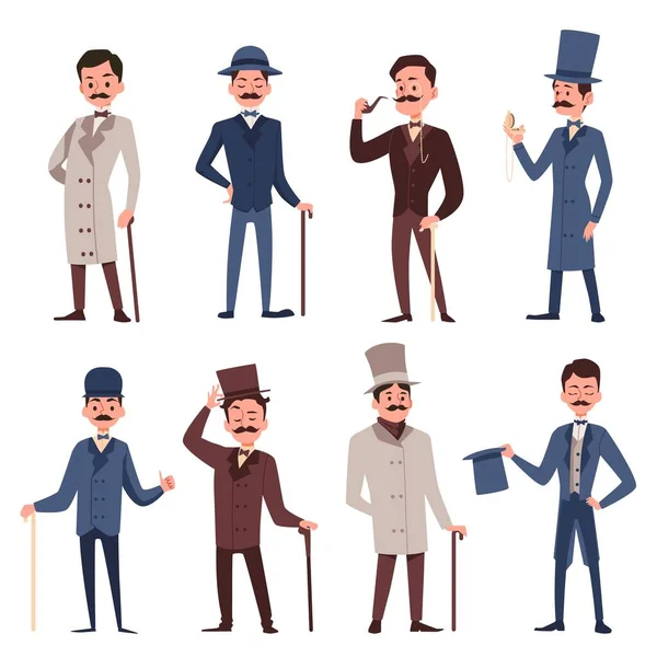 Conjunto de caballeros victorianos - hombres de dibujos animados con ropa inglesa vintage — Vector de stock