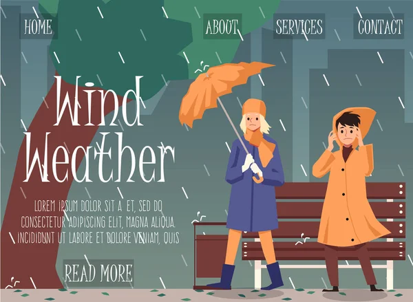 Wind rainy weather landing page for website, flat cartoon vector illustration — Stock Vector