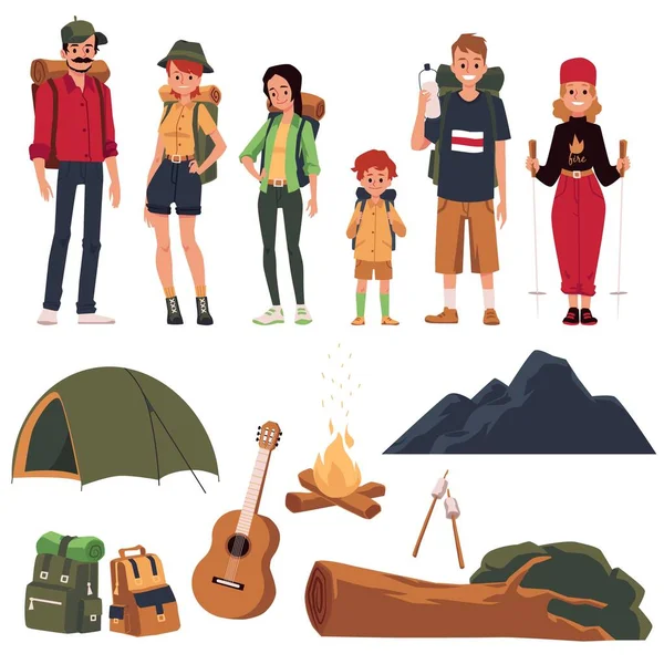 El juego de los personajes de los turistas y los símbolos del campamento familiar la ilustración vectorial — Archivo Imágenes Vectoriales