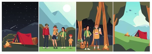 Set of families having picnic together, flat cartoon vector illustration