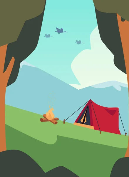 Feu de camp familial à la bannière de la forêt naturelle, illustration vectorielle de dessin animé plat — Image vectorielle