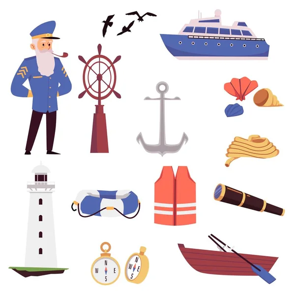 Set van mariene of oceaanreizen elementen een platte geïsoleerde vector illustratie — Stockvector