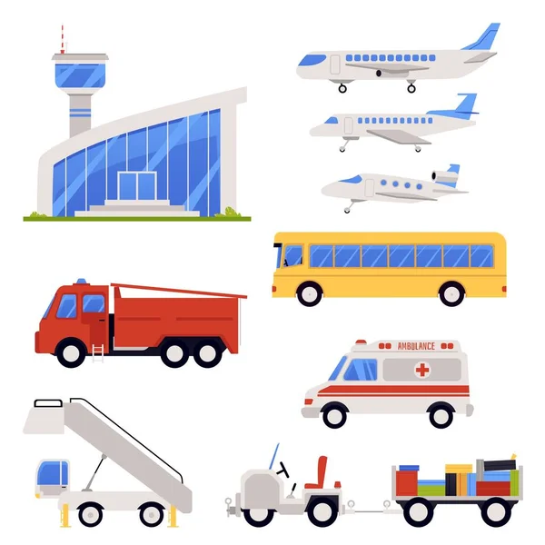 Lotnisko terminal specjalny transport zestaw płaskich ilustracji wektorowych izolowane. — Wektor stockowy