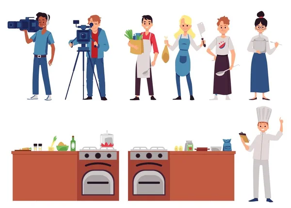 Σύνολο μαγειρικής - διαγωνιζόμενοι, συνεργείο κινηματογράφησης και σταθμός κουζίνας — Διανυσματικό Αρχείο