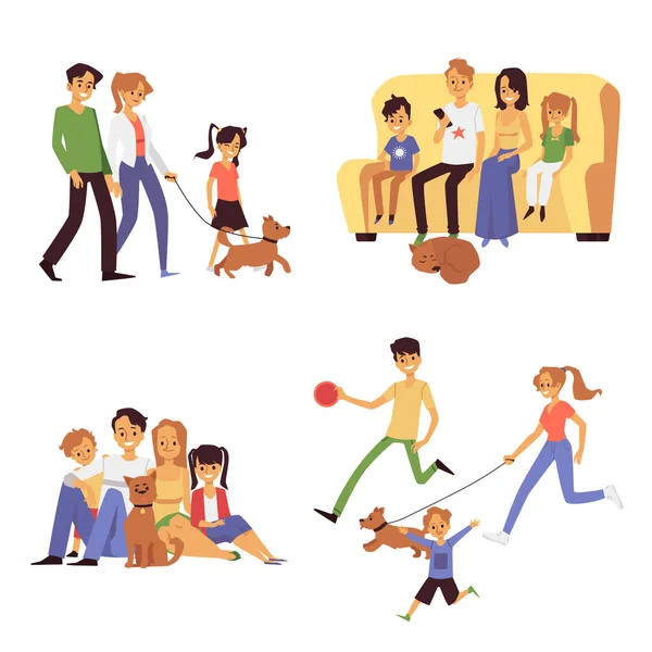 Ensemble de familles de dessins animés avec chien de compagnie préféré une illustration isolée vectorielle — Image vectorielle