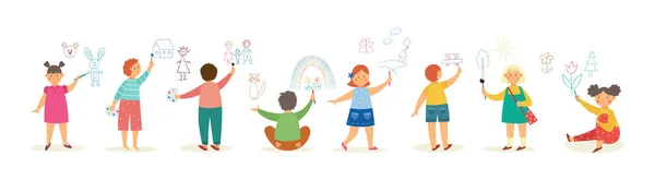 Personaggi dei cartoni animati di bambini disegnano immagini colorate un'illustrazione vettoriale — Vettoriale Stock