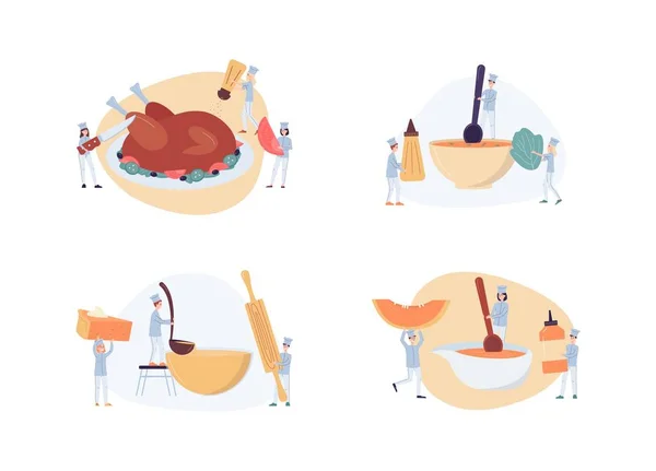 Set Plats de Thanksgiving avec petites cuisinières, illustration vectorielle plate isolée. — Image vectorielle