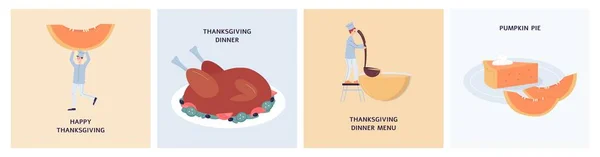 Hálaadási menü kártyák készlet ünnepi ételek, lapos vektor illusztráció. — Stock Vector