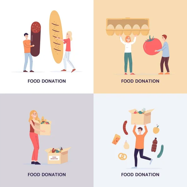 Ilustrações do conceito doação de alimentos um conjunto de cartões planos vetoriais — Vetor de Stock