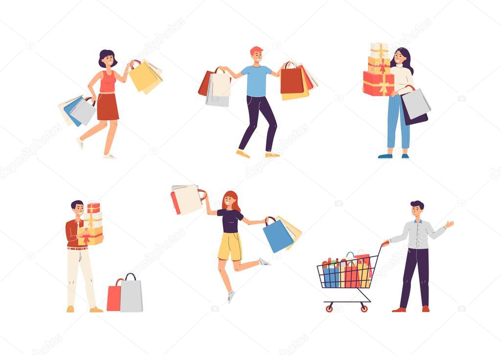 Set of characters of shoppers with lot bags and gifts a vector flat illustration