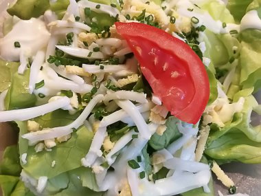 salata domates ve marul yanı sıra yeşil soğan ve ekşi krema Przemysl, Polonya ile yumurta