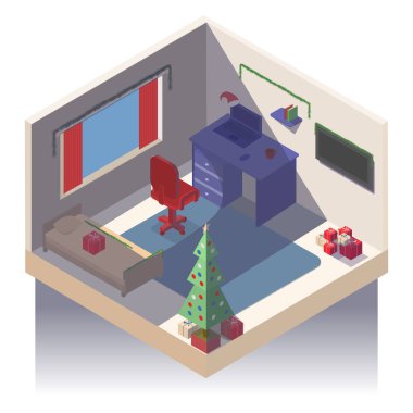 Izometric yeni yıl oda. Odaya Noel ağacı Noel ağacı oyuncaklar yıldız üstte ve hediyeler ile süslenmiş vardır. Ayrıca mavi defter ve tablo kırmızı Kupası ve fare ile görebilirsiniz