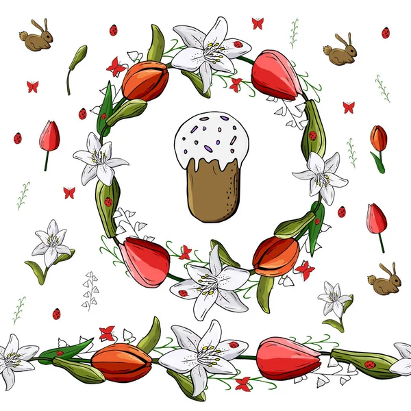 Guirlande Fleurs Rondes Avec Tulipes Lis Lis Vallée Eléments Floraux — Image vectorielle