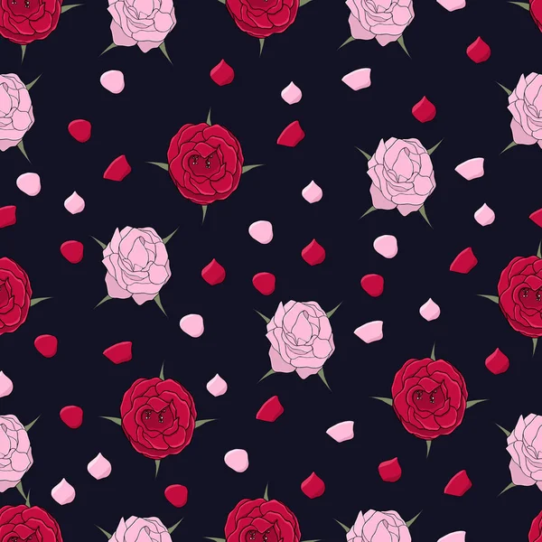 Rosas Patrón Sin Costura Versión Oscura Textura Floral Sin Fin — Archivo Imágenes Vectoriales