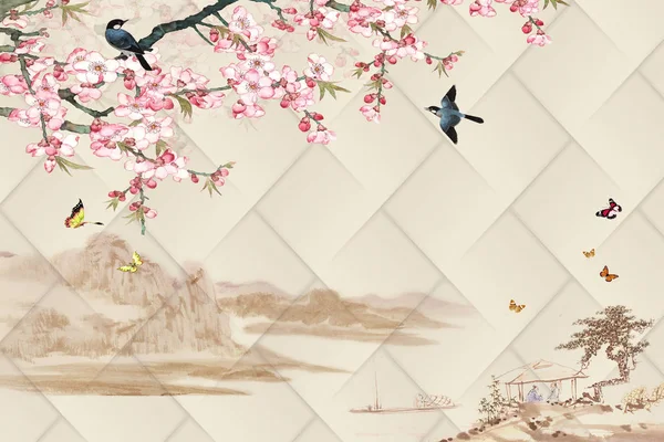 Oriental motifs - spring, mountains, sakura, birds