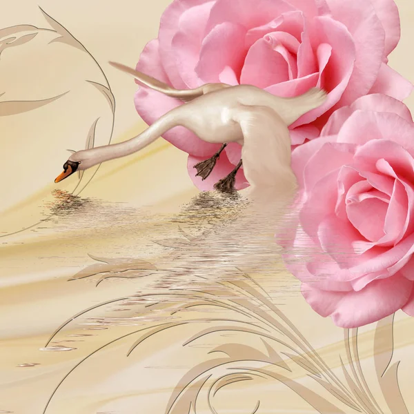 Beige solid background with a swan and two large pink roses