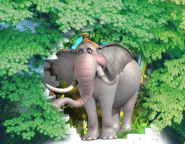 3D illustration - an elephant girl peeking out of a breach of a brick wall, in the shade of a maple tree