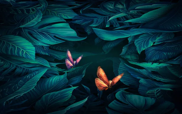 Dark green background, dark leaves, two bright butterflies