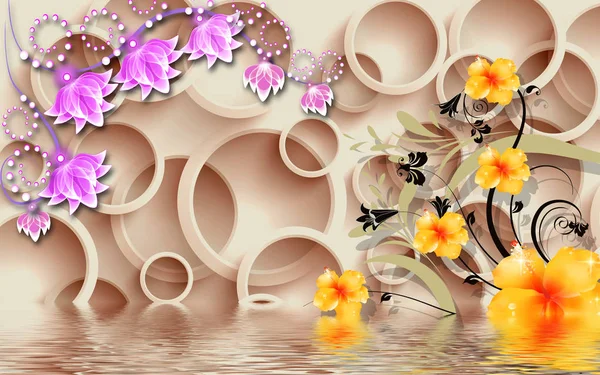 3d illustration, beige background, beige rings, large pink and yellow fabulous flowers, reflected in water