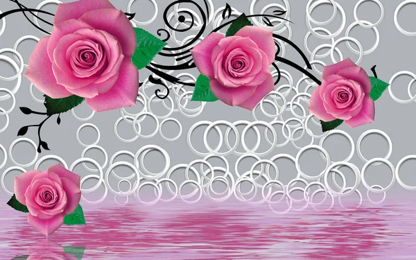 3d illustration, gray background, white rings, large pink roses and reflection in water